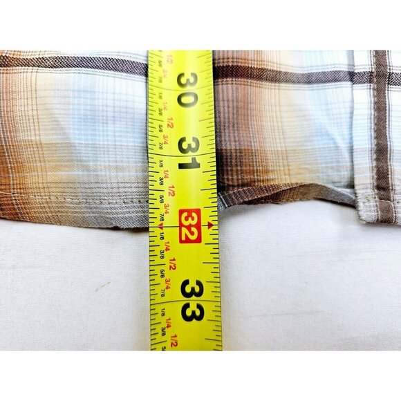 Prana Sz XL Mens Brown Gray Camel Blue Check Short Sleeve Neck Pocket Logo Shirt - Picture 11 of 13